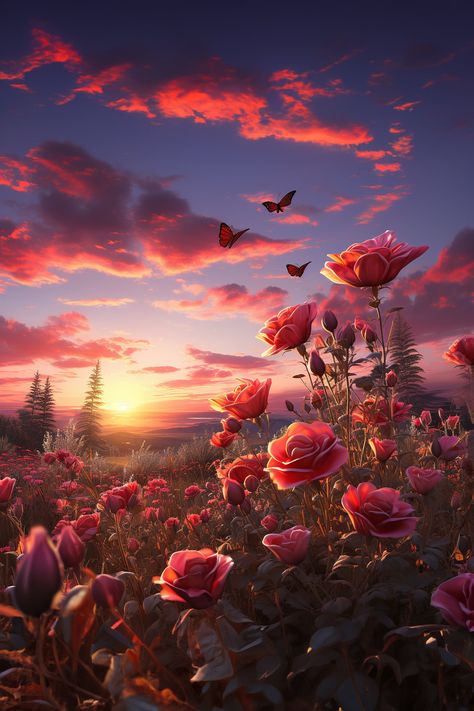 Hello, would you like to decorate your living room, bedroom, or office with a bright and romantic scenery? Decorate with this romantic scene of a field of red roses, with butterflies floating around them against a beautiful sunset.  You will receive multiple size options that you could print at home or take to your local print shop -What you will receive- Please not this is a DIGITAL DOWNLOAD. No physical product will be mailed to you. After your purchase is confirmed you will receive an e-mail Romantic Username, Romantic Nature Aesthetic, Roses With Butterflies, Red Scenery, Rose With Butterfly, Followers Aesthetic, Romantic Scenery, Rose Field, Field Of Roses