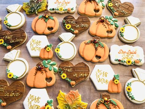 Autumnal Engagement Party, Fall Engagement Cookies Decorated, Cookies For Fall Wedding, Bridal Shower Cookies Fall, Fall Bridal Shower Cookies Decorated, Fall Engagement Cake, Fall In Love Cookies, Fall In Love Bridal Shower Cookies, Fall Wedding Sugar Cookies