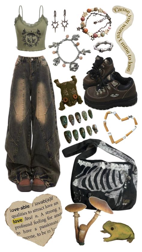 Fairycore Outfits Grunge, Aesthetic Grunge Nails, Green And Brown Aesthetic, Brown Platform Shoes, Sage Green And Brown, Sage Aesthetic, Fairycore Outfit, Relatable Illustrations, Grunge Fits