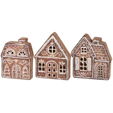 Gingerbread Village Chunky Sitter Set | Primitives By Kathy Christmas Village Gingerbread, Wooden Houses Decoration, Christmas Decoration Inspiration, Gingerbread Village Display, Gingerbread House Painting, Wooden Christmas Houses, Gingerbread Christmas Village, Scandinavian Christmas Decor Ideas, Wooden Gingerbread House