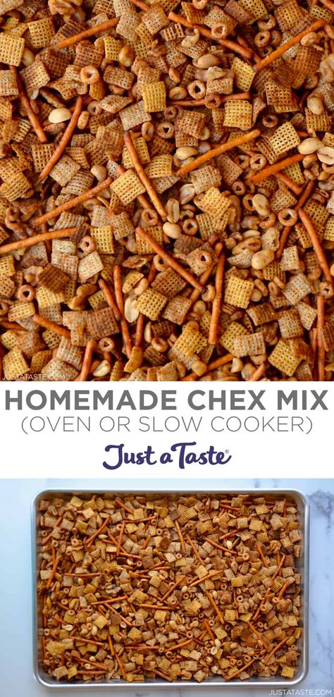 Homemade Chex Mix is a holiday tradition that's salty, savory and so dang addicting! This snack mix can be tossed into a slow cooker or baked in the oven. #chexmixrecipes #holidayrecipes #snackmix #justatasterecipes Chex Mix Recipes Crock Pot, Chex Mix Recipes Christmas, Savory Chex Mix Recipes, Savory Chex Mix, Salty Chex Mix, Homemade Chex Mix Recipe, Homemade Chex Mix, Chex Mix Recipes, Just A Taste