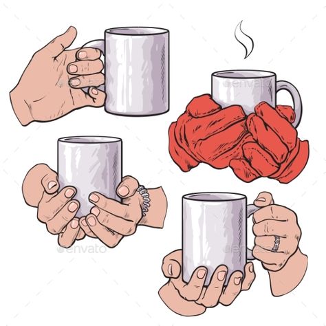 Set of well groomed female hands holding a cup with tea or coffee, sketch style vector illustration isolated on white background. Hands Holding Bowl Reference, Person Drinking Tea Reference, Person Holding Something Drawing, Person Drinking Drawing, Person Drinking Reference Drawing, Person Holding Coffee Reference, Person Holding Mug Reference, Hand Holding Object Drawing, Holding Coffee Pose Drawing