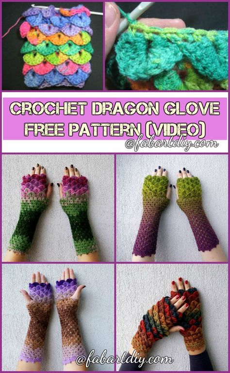 DIY Fingerless Crocodile Stitch Crochet Dragon Glove Free Pattern-Video Diy Crocodile, Crocodile Stitch Crochet, Tunisian Stitches, Crochet Fingerless Gloves Free Pattern, Crochet Wrist Warmers, Fingerless Gloves Crochet Pattern, Crochet Tunisian, Crochet Beanies, Glove Pattern