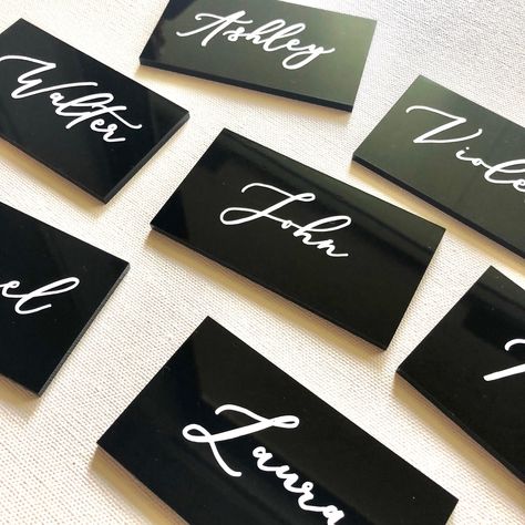 3.5x2 rectangle black acrylic handwritten place cards with white ink. Message me to create a custom listing for multiple place cards!! Place Cards Acrylic, Handwritten Place Cards, Acrylic Place Cards, 60th Birthday Party Decorations, Bubble Letter Fonts, Font Bubble, Place Cards Wedding, Instagram Font, Wedding Name Cards