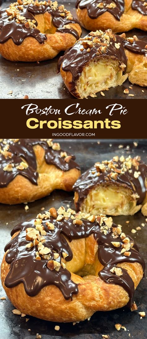 Boston Cream Pie Croissants Boston Cream Pie Croissants, Croissant With Chocolate Filling, Cheesecake Stuffed Croissants, Custard Filled Croissant, Custard Croissant Recipe, Sweet Croissant Fillings, White Chocolate Croissant, Homemade Crissonts Recipe, Flavored Croissant Recipe