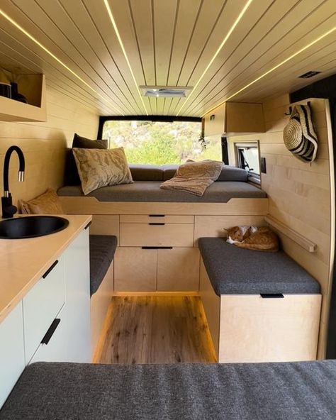 Vanlife Camper by Project Van Life on Instagram: "Introducing Echo, the latest creation from Antony and Romy at @boxedmicroliving! 🚐✨ This converted Mercedes Van camper captures the essence of South African aesthetics with its earthy tones, clean lines, and all-wood interior. It's a home on wheels perfect for exploring South Africa in style.

Check out their other page @travellingtribe_za and learn more about their van life journey.

---

#campervanhacks #vanlifeproject #vanlifecommunity #motorhome #vanbuildseries #vanbuild #vanlifeculture #vanlifesociety #campervan #camperconversions #camperlifestyle #campervanlife

If you’re interested in learning how to build your own versatile campervan in an affordable way, click the link in our bio and check out VAN LIFE ACADEMY.

We have expert van Camper Van Kitchen Storage, Conversion Van Interior, Van Inside, African Aesthetics, Hiace Camper, Self Build Campervan, Converted Vans, Motorhome Interior, Mercedes Van