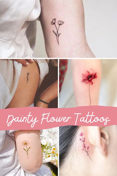 143+ Tiny Flower Tattoos Petite + Pretty Designs - TattooGlee Small Flower Tattoos For Women, Dainty Flower Tattoos, Delicate Feminine Tattoos, Flower Finger Tattoos, Delicate Flower Tattoo, Vintage Flower Tattoo, Tiny Flower Tattoos, Tato Jari, Tiny Wrist Tattoos