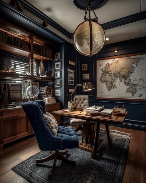 Small Men’s Office, Men’s Study, Manly Office Ideas, Study Room Ideas For Men, Office Decor Men, Dark Office Aesthetic, Study Desk Setup, Victorian Explorer, Man’s Office