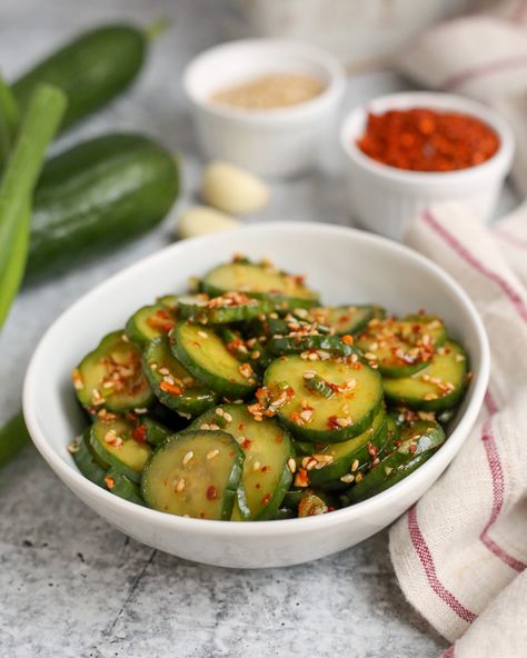 Korean Cucumber Salad Recipe (Viral TikTok Recipe!) Muchim Recipe, Korean Side Dish Recipes, Spicy Korean Cucumber, Oi Muchim, Cucumber Side, Korean Salad, Korean Cucumber Salad, Korean Cucumber, Spicy Cucumber Salad