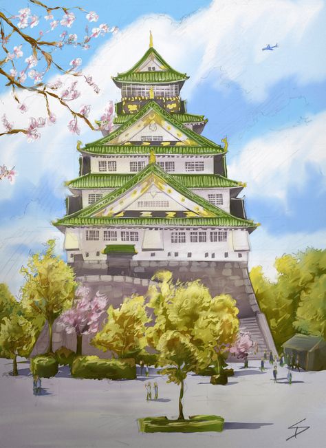 Osaka Castle Japan, Osaka Castle Illustration, Osaka Castle Drawing, Japanese Castle Drawing, Japan City Drawing, Japanese Castle Art, Japanese Architecture Drawings, Castle Sketch, Japan Tourist