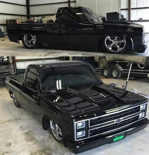 Sick Black beauty! 87 Chevy Truck, Chevy Trucks Silverado, Unique Vehicles, Lowrider Trucks, Dropped Trucks, Black Truck, Lowered Trucks, C10 Chevy Truck, Custom Chevy Trucks