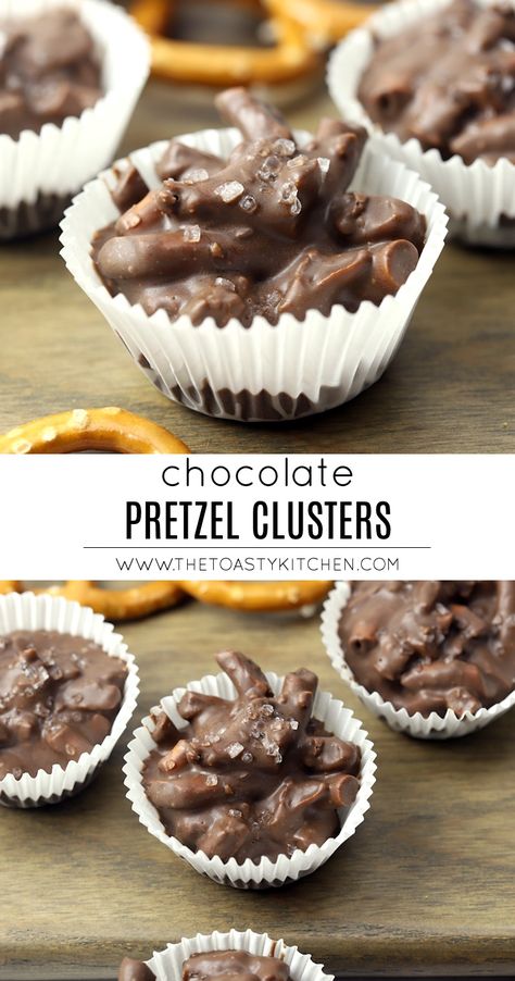 Chocolate Pretzel Clusters by The Toasty Kitchen #chocolate #candy #recipe #pretzels #pretzelclusters #meltingwafers #nobake #easydessert #easyrecipe Pretzel Stick Dessert Recipes, No Bake Cookies Pretzels, Pretzel Pieces Recipe, Crockpot Chocolate Pretzel Clusters, Baking With Pretzels, Recipe Using Pretzels, Pretzel Marshmallow Chocolate, Crushed Pretzels Recipes, Candy Made With Pretzels