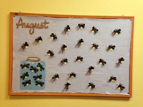 August birthday bulletin board. Cricut cartridge Walk in My Garden for the fireflies. Cellophane and thumb tacks for the jar. August Birthday Bulletin Board Ideas, Firefly Bulletin Board, Work Bulletin Board Ideas, People In Ocean, August Bulletin Board Ideas, August Bulletin Board, August Bulletin Boards, Student Work Bulletin Board, Work Bulletin Board