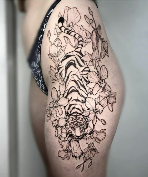 White Tiger Hip Tattoo, Koi Fish Tattoo Side Hip, Tiger In Flowers Tattoo, Large Animal Tattoos, Bengal Tiger Tattoo For Women, Hip Tiger Tattoo, Girly Tiger Tattoo, Large Tiger Tattoo, Thigh Tattoos Women Animal