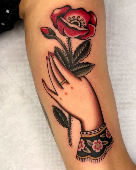 Traditional Flower Hand Tattoo, Flower Hand Tattoo, Traditional Hand Tattoo, Traditional Tattoo Flowers, Flower Tattoo Meanings, Rose Tattoos For Men, Traditional Style Tattoo, Rose Tattoos For Women, Traditional Flower