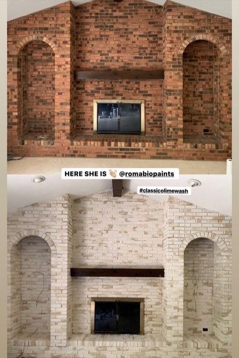 As we get closer to the official beginning of fall and fireplace season, I put together some examples of unique artistic techniques for painting your brick fireplace with Romabio Classico Limewash. How are these fireplace updates unique? Instead of choosing just one of the beautiful and timeless colors from our Whites & Neutrals Collection, these designers and PROs combined more than one color to get a fantastic look! Limewash Exterior, Update Brick Fireplace, Fireplace Updates, Stained Brick, Brick Fireplace Wall, Brick Room, White Brick Fireplace, Painted Brick Fireplace, Beginning Of Fall