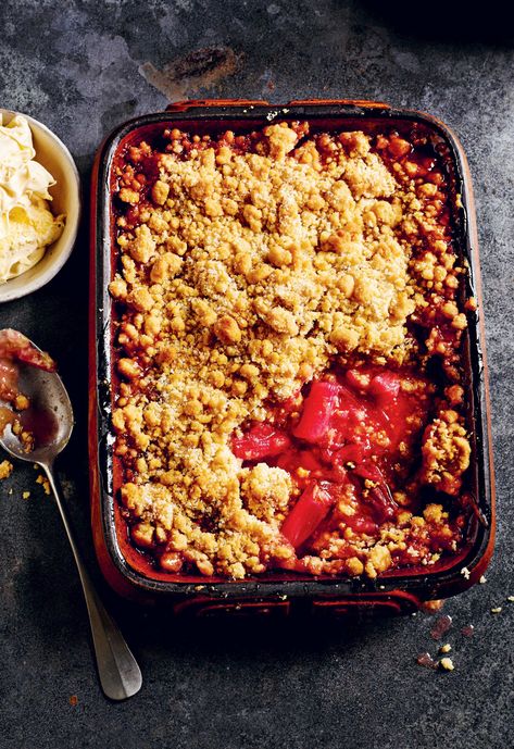 Nadiya Hussain Mango & Coconut Cake Recipe | Nadiya Bakes BBC2 Rhubarb Crumble Recipe, Berry Crumble Recipe, Banana Crumble, Rhubarb Crumble Recipes, Pear Crumble, Rick Stein, British Desserts, Fruit Crumble, Rhubarb Crumble