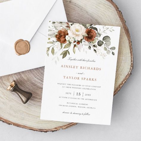 Wedding Invitation Burnt Orange, Wedding Invites Fall, Rustic Elegant Wedding Invitations, Fall Rustic Wedding Invitations, Burnt Orange Wedding Invites, Terracota Wedding Invitations, Terracotta Invitations Wedding, Wedding Invitation Fall, Autumnal Wedding Invites