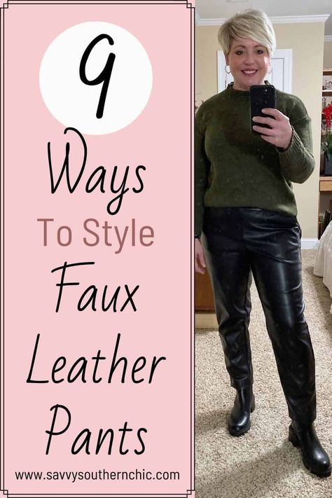 9 Ways to Style Faux Leather Pants Faux Leather Pants Business Casual, What Shoes To Wear With Black Faux Leather Pants, Leather Pants And Chelsea Boots Outfit, Black Leather Pants Plus Size Outfit, Black Faux Pants Outfit, Black Faux Leather Pants Outfit Plus Size, Styling Wide Leg Faux Leather Pants, Wide Leg Faux Leather Pants, Mid Size Leather Pants Outfit