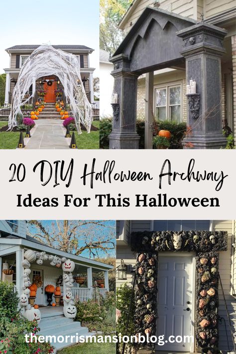 round up of 20 different outdoor halloween arch ideas Diy Halloween Entrance Decorations, Halloween Driveway Entrance, Diy Halloween Decorations Outdoor Arch, Halloween Front Porch Archway, Halloween Door Archway, Halloween 2023 Outdoor Decor, Halloween Entryway Outdoor, House Exterior Halloween Decor, Pvc Halloween Archway