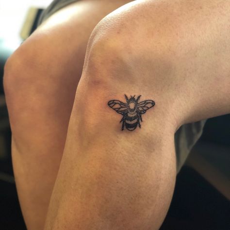 Bee tattoo, bees knees tattoo, bumble bee tattoo, knee tattoo, leg tattoos Bee Under Knee Tattoo, Bumble Bee Tattoo Placement, Bee Knee Tattoos Women, Bees On Knees Tattoo, Bees Knees Tattoo Small, Knee Bee Tattoo, The Bees Knees Tattoo, Bee Tattoo Leg, Bee Tattoo On Knee