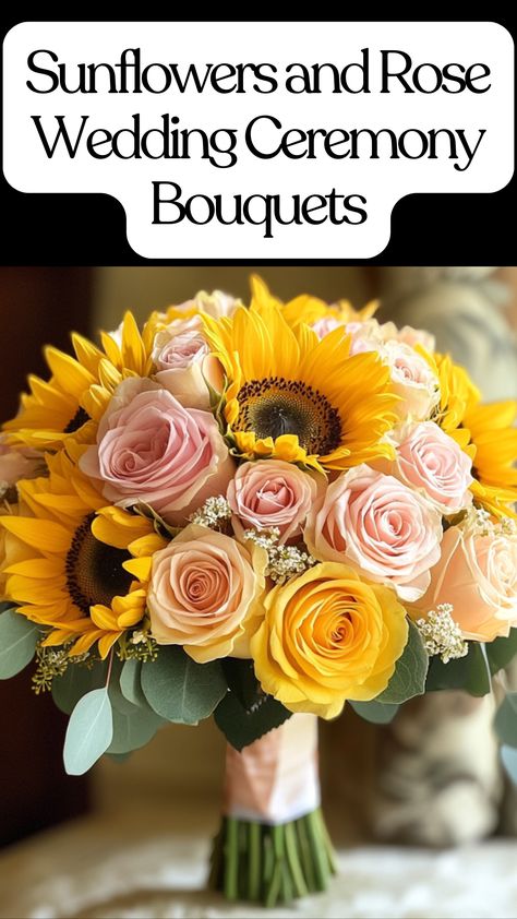 A sunflower and rose bouquet featuring vibrant yellow sunflowers and soft blush roses, perfect for an outdoor or garden wedding ceremony. Sunflower And Rose Wedding, Sunflower Rose Bouquet, Flowers In August, Fall Sunflower Weddings, Rose Wedding Theme, Bouquets Ideas, Rustic Arrangements, Wedding Bouquet Ideas, Sunflowers And Roses