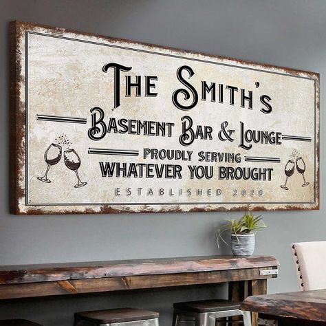 PRICES MAY VARY. Museum-Grade Quality - This Prime Basement Bar and Lounge Sign Gallery-Wrapped Canvas ; No sagging, dents, accidental rips; This rustic bar and lounge Sign wall decor is Printed using UV-Resistant Ink with a neatly folded edge. Hassle-free - This rustic canvas wall Bar and Lounge Sign art comes with Ready-to-Hang Hooks; Water-resistant Bar and Lounge Sign wall decor; Cleans easily using a damp cloth. Made in Florida - 100% produced in the US, we're confident that these rustic Ba Basement Bar Lights, Basement Wall Art Ideas, At Home Bar Decor, Behind Bar Wall Ideas, Wall Bar Ideas, Man Cave Decor Ideas, Bar Wall Ideas, Bar Signs Diy, Rustic Bar Decor