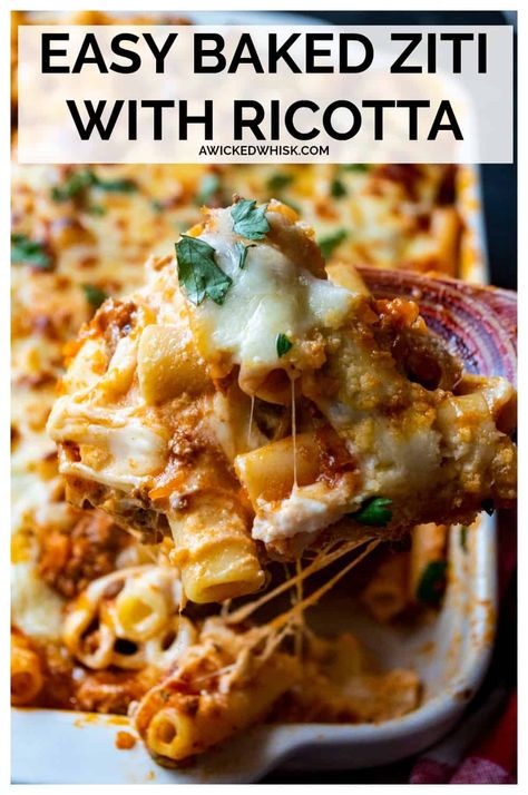 Healthy Ziti Bake, Pasta Bake Recipes With Ricotta, Ziti Lasagna Bake, Spaghetti Sauce With Ricotta Cheese, Potluck Italian Dishes, Recipes With Ricotta Cheese Main Dishes, Bake Ziti Recipe With Ricotta, Bakedziti Ziti Recipes, Best Baked Ziti With Ricotta