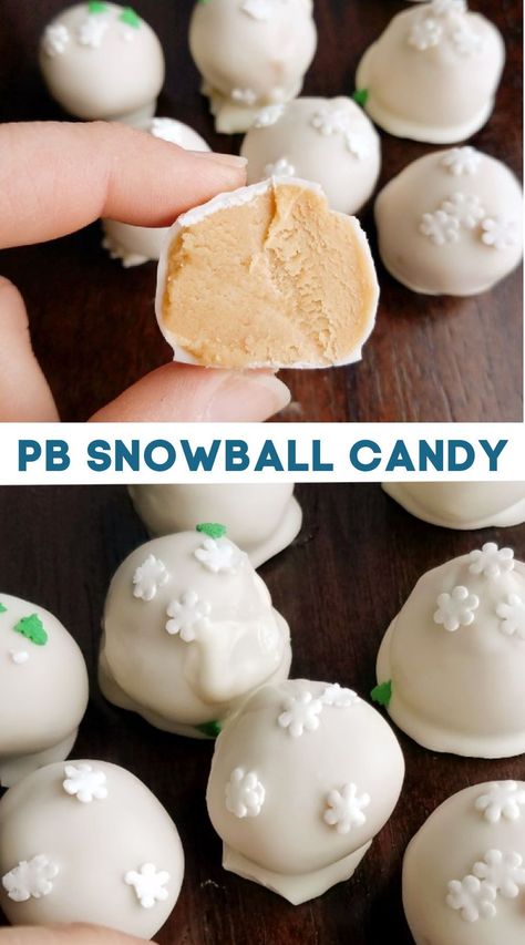 Peanut Butter Balls White Chocolate, Peanut Butter Balls With White Chocolate, Easy Cookie Ball Recipes, Melting White Chocolate For Dipping, White Melting Chocolate Recipes, Snowball Candy, Peanut Butter Snowballs, Bakesale Ideas, Christmas Chocolate Desserts