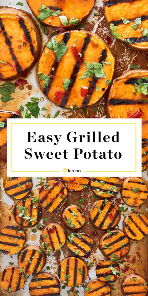 Honey Lime Vinaigrette, Grilling Recipes Sides, Grilled Sweet Potatoes, Sweet Potato Slices, Lime Vinaigrette, Cooking Sweet Potatoes, Spicy Honey, Potato Recipe, Honey Lime