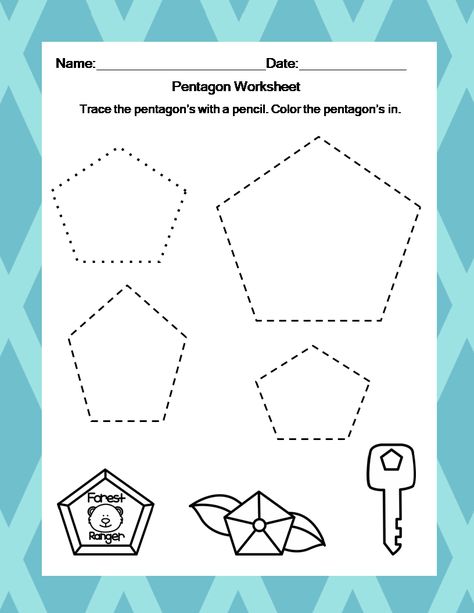 Pentagon Worksheet. Trace the Pentagons then color the pentagon objects. Pentagon Activities Preschool, Activities For Kindergarten, Pentagon Shape, The Pentagon, Shapes Activities, Activities Preschool, Kindergarten Worksheets, Teacher Store, Over 60