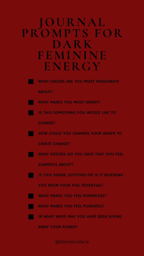 Journal prompts to help you connect with your dark feminine energy ❤️‍🔥 #femininebeauty #feminineenergy #femininity #femininebeauty #girlhood #empowerment #empoweringwomen #tips #journaling #journalprompts #healing #divinefeminineenergy #aesthetic #goddess #confidence #woundedfeminine #journalideas #shadowwork #selflove #selfcare #selfreflection #darkfeminineenergy #darkfeminine #darkfemininity Journal Feminine Energy, Journal Prompts For Dark Feminine, Dark Feminine Self Care, Becoming Dark Feminine, Dark Feminine Journal Ideas, Journal Prompts To Connect With Yourself, Dark Feminine Questions, Dark Feminine Checklist, Ghosting Everyone Aesthetic