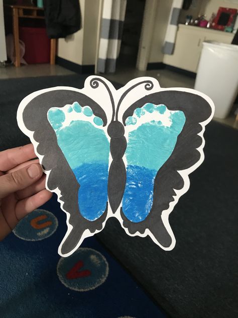 Butterfly Footprint Craft, Infant Butterfly Art, March Crafts For Babies, Alphabet Footprint Craft, Baby Spring Crafts, Infant Spring Crafts Daycare, Bug Handprint Art, Spring Footprint Art For Infants, April Infant Art