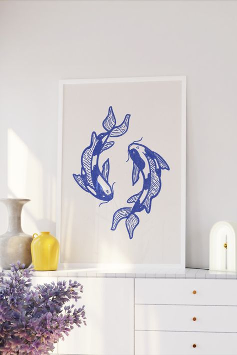 Koi Fish Print, Japanese Print Poster,  Navy Blue Wall Art, Apartment Decor, Minimal Wall Art Koi Fish Print, Koi Fishes, Navy Blue Decor, Japandi Art, Girly Print, Navy Blue Wall Art, Trendy Art Prints, Carpe Koi, Japanese Decor