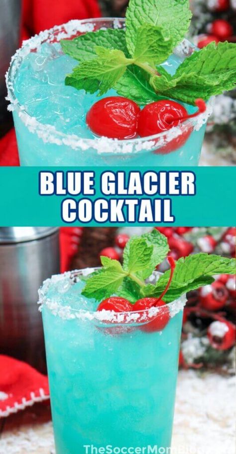 The Blue Glacier Cocktail is a festive, wintery drink that is perfect for the holidays! Turquoise Cocktail Drink, Blue Christmas Cocktail Recipe, Drinks Made With Blue Curacao, January Alcoholic Drinks, Blue Winter Drinks Alcoholic, Blue Winter Drinks, Turquoise Drinks Cocktails, Blue Colored Cocktails, Teal Cocktail Drink