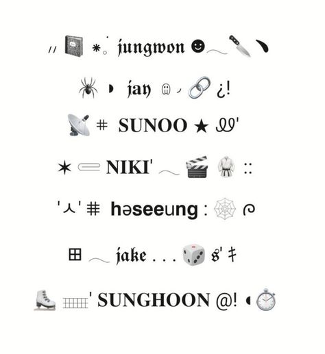 Enhypen Nicknames, Enhypen Nickname Ideas, Enhypen Bio Ideas, Matching Bios, Nick Names, Cute Emoji Combinations, Korean Text, Cool Text Symbols, Aesthetic Usernames