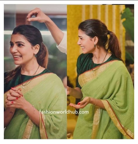 Samantha looks elegant in Green linen Saree with bottle green Blouse Green Sari With Contrast Blouse, Bottle Green Combination Outfit Indian, Green Blouse Saree Combination, Mehandi Green Saree Contrast Blouse, Light Green Saree With Contrast Blouse, Bottle Green Saree Contrast Blouse, Bottle Green Blouse Designs, Pista Green Saree Contrast Blouse, Bottle Green Combination