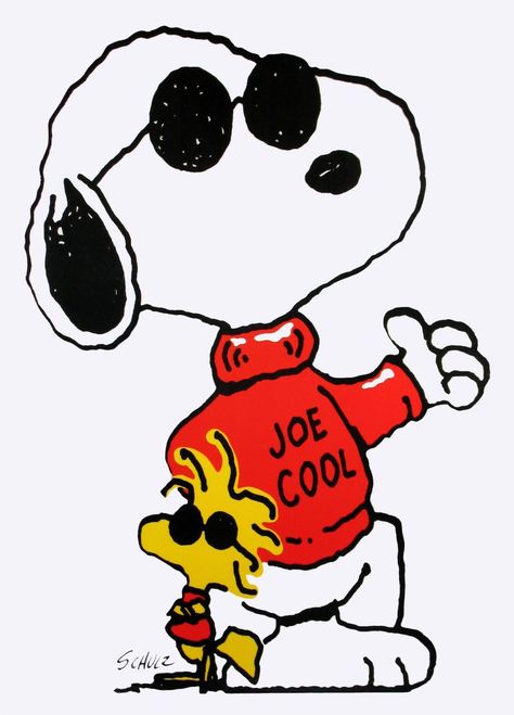 joe cool - there's no one cooler than Snoopy.  But my daughter said it best.  "What's the deal with Woodstock?" Charlie Brown Cartoon, Snoopy Store, Wallpaper Snoopy, Snoopy Joe Cool, Snoopy Tattoo, Woodstock Snoopy, Snoopy Party, Woodstock Peanuts, Snoopy Comics