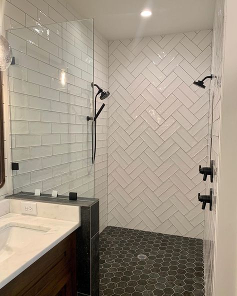 Southern Tile Company Herringbone Tile Shower Wall, Double Herringbone Tile, Herringbone Feature Wall, Subway Tile Shower Designs, Herringbone Shower Tile, Herringbone Tile Bathroom, Herringbone Subway Tile, Modern Shower Design, Hex Tiles