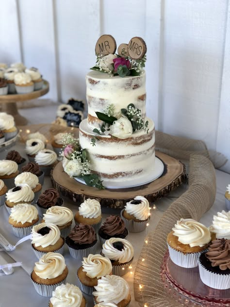 Rustic Wedding Cake And Cupcakes Simple, Winter Wedding Cupcakes Ideas, Fall Wedding Cupcakes Ideas Rustic, Small Wedding Cake And Cupcakes, 2 Tier Wedding Cake With Cupcakes, Rustic 2 Tier Wedding Cake, Dessert Table Rustic Wedding, Cheap Wedding Cake Ideas, Rustic Wedding Cake And Cupcakes