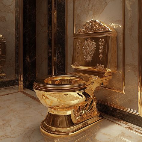 Transform your bathroom into a palace with the Luxury Throne Gold Toilet. This exquisite piece is designed to be the ultimate statement of opulence, featuring a regal gold finish that radiates wealth and sophistication. Every detail of this toilet, from its majestic contours to its gleaming surfaces, is crafted to evoke the grandeur of a royal throne. Conceptual AI Art Follow @ecosapiens for more! Gold Toilet, Luxury Toilet, Royal Throne, Rustic Bathroom Designs, Bathroom Decor Luxury, House Gate Design, American Gothic, Gold Bathroom, Toilet Design