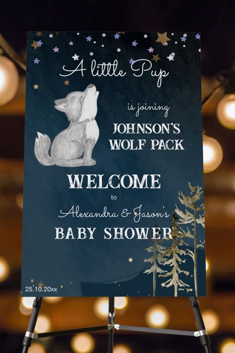 Wolf themed baby shower welcome sign board a cute howling wolf cub starry night woodlands themed Twilight Baby Shower Theme, Wolf Theme Baby Shower Ideas, Forest Baby Shower Theme, Starry Night Background, Forest Baby Showers, Green Baby Shower, Baby Shower Woodland Theme, Personalized Balloons, Night Background