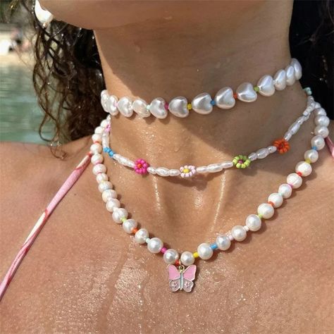 Cincin Diy, Pearl Necklace Classic, Ashley Moore, Rainbow Choker, 90s Jewelry, Genuine Pearl Necklace, Necklace Packaging, Mystical Jewelry, Heart Choker