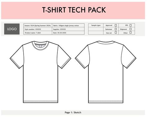 Adobe illustrator Tech Pack Template - Flat technical illustration.  2D Mockup drawing Complete fashion flat T-Shirt Tech Pack for adobe illustrator, photoshop, procreate and other editing software. The template is industry-standard for the textile industry. Perfect for fashion designing and fashion CAD, fashion design templates and working with suppliers. This file includes a complete size-chart and a BOM overview for factory specs. The File is fully editable but a basic knowledge of Illustrato T Shirt Tech Pack, Shirt Tech Pack, Tech Pack Template, Fashion Design Template, Fashion Drawing Sketches, Technical Illustration, T Shirt Design Template, Flat Sketches, Tech Pack