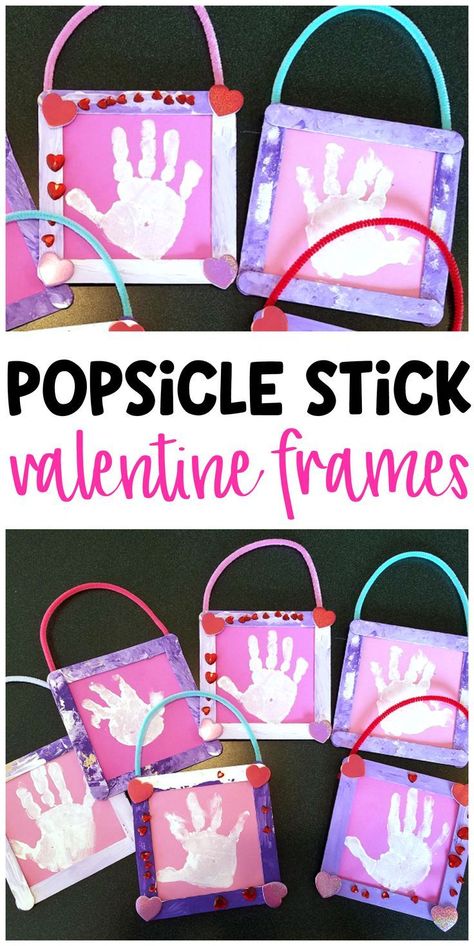 Valentine popsicle stick frames - cute valentines day craft for kids to make! What a cute handprint keepsake for parents gifts. #craftsforkidstomake Valentine Popsicle, Preschool Valentine Crafts, Quotes Valentines Day, Parents Gifts, Handprint Keepsake, Valentines Bricolage, Valentines Frames, February Crafts, Valentine's Day Crafts For Kids