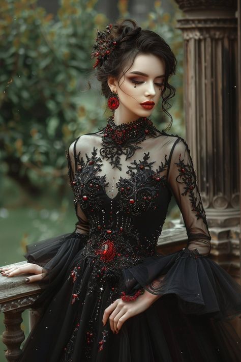 Gothic Cosplay Costumes, Gothic Royalty Aesthetic Dress, Fantasy Black Wedding Dress, Gothic Style Wedding Dress, Fantasy Inspired Wedding Dress, Dark Fantasy Wedding Dress, Black Victorian Wedding Dress, Vampire Dress Victorian, Black Fairytale Dress