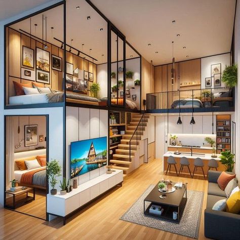 Soppalchi Ideas, Two Person Apartment, Small Loft Apartment Studio Apt Tiny Spaces, Small Duplex House Design Interiors, 2 Bedroom Loft House Design, Mezzanine Interior Design, Small Loft House Design, Loft Apartment Layout, Mezzanine House Design