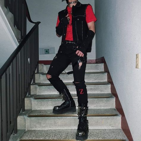 Alt Punk Outfits Men, Red And Black Punk Outfits Men, Red And Black Kpop Outfit Male, Punk Goth Male Outfit, Red Grunge Outfit Aesthetic, Casual Alternative Outfits Men, Red Emo Outfits Male, Red Grunge Outfit Men, Red And Black Male Outfits