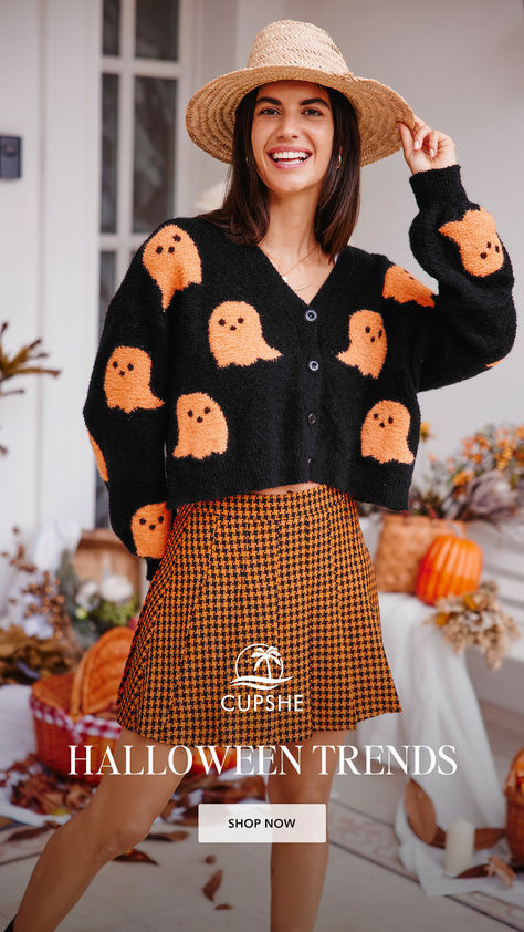 👻 Get ready for 𝐇𝐚𝐥𝐥𝐨𝐰𝐞𝐞𝐧 with Cupshe's hauntingly chic outfits.  🎃 Trick or treat in style! 🧛 Pumpkin Cardigan Outfit, Pumpkin Cardigan, Halloween Inspired Outfits, Autumn Adventures, Halloween Trends, Orange Cardigan, Blouson Sleeve, Ghost Design, Cute Cardigans