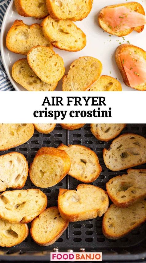 crostini in the air fryer Air Fryer Crostini, Gourmia French Door Air Fryer Recipes, Halloweekend Party, Crispy Crostini, Air Fryer Croutons, Air Fryer Appetizers, How To Make Crostini, Air Fryer Bread, Crostini Toppings